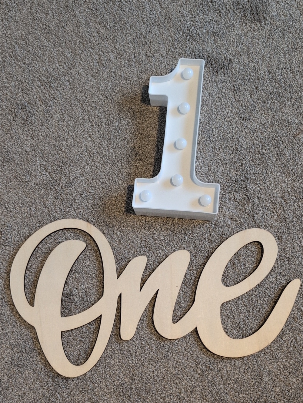 White Marquee Number 1 and Wooden 'One' Sign - Party Decor